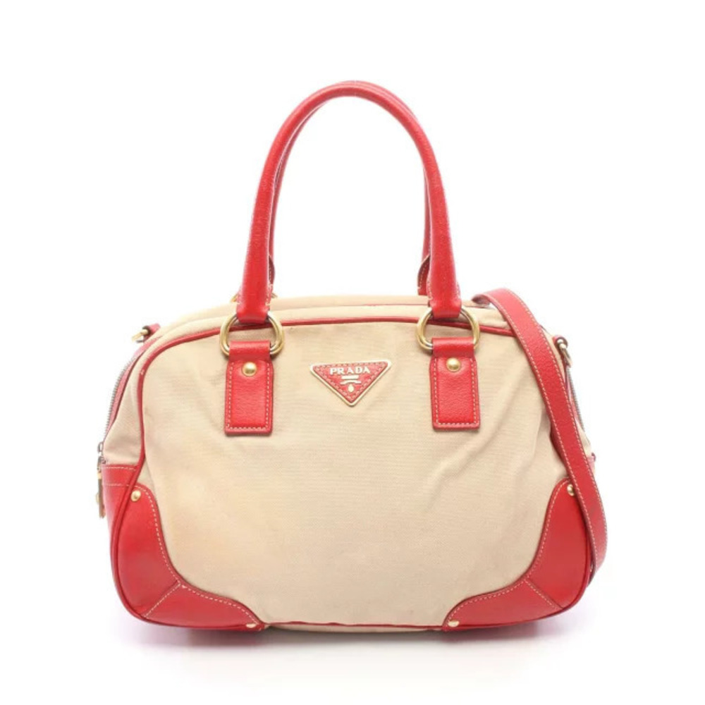 Prada Handbag Bag Canvas Leather Beige Red
